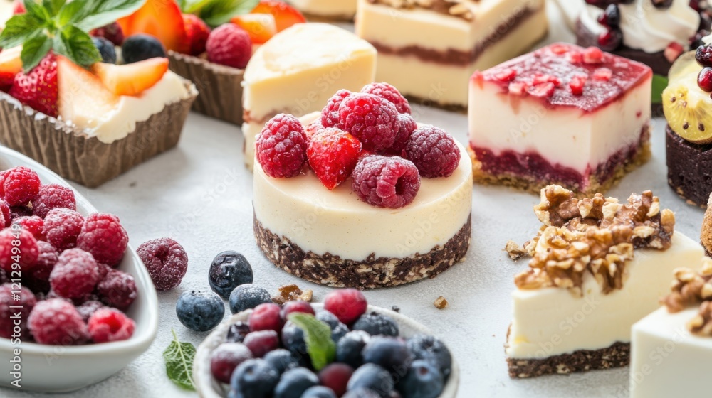 A variety of plant-based desserts, displayed with fresh fruits and nuts, highlighting healthier dessert options A variety of plant-based desserts, displayed with fresh fruits and nuts, highlighting healthier dessert options