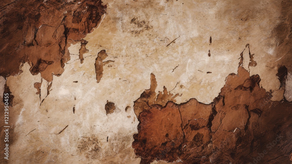 Fototapeta premium Textured wall with peeling brown and beige layers, showcasing a rustic and weathered appearance.