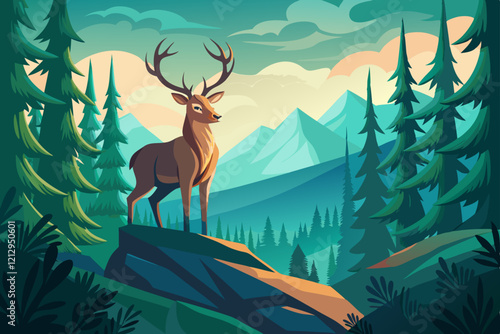 Majestic deer standing on a hill surrounded by a dense forest