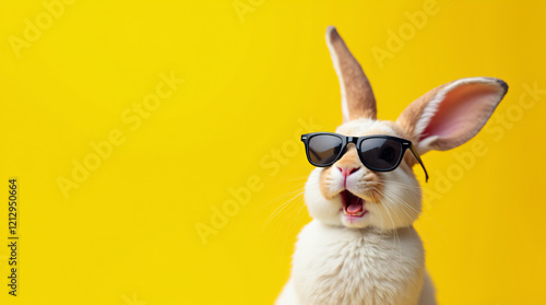 cool bunny with sunglasses against a yellow background