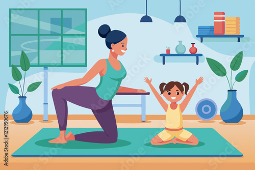 A woman is doing yoga in a gymnasium with a child   
