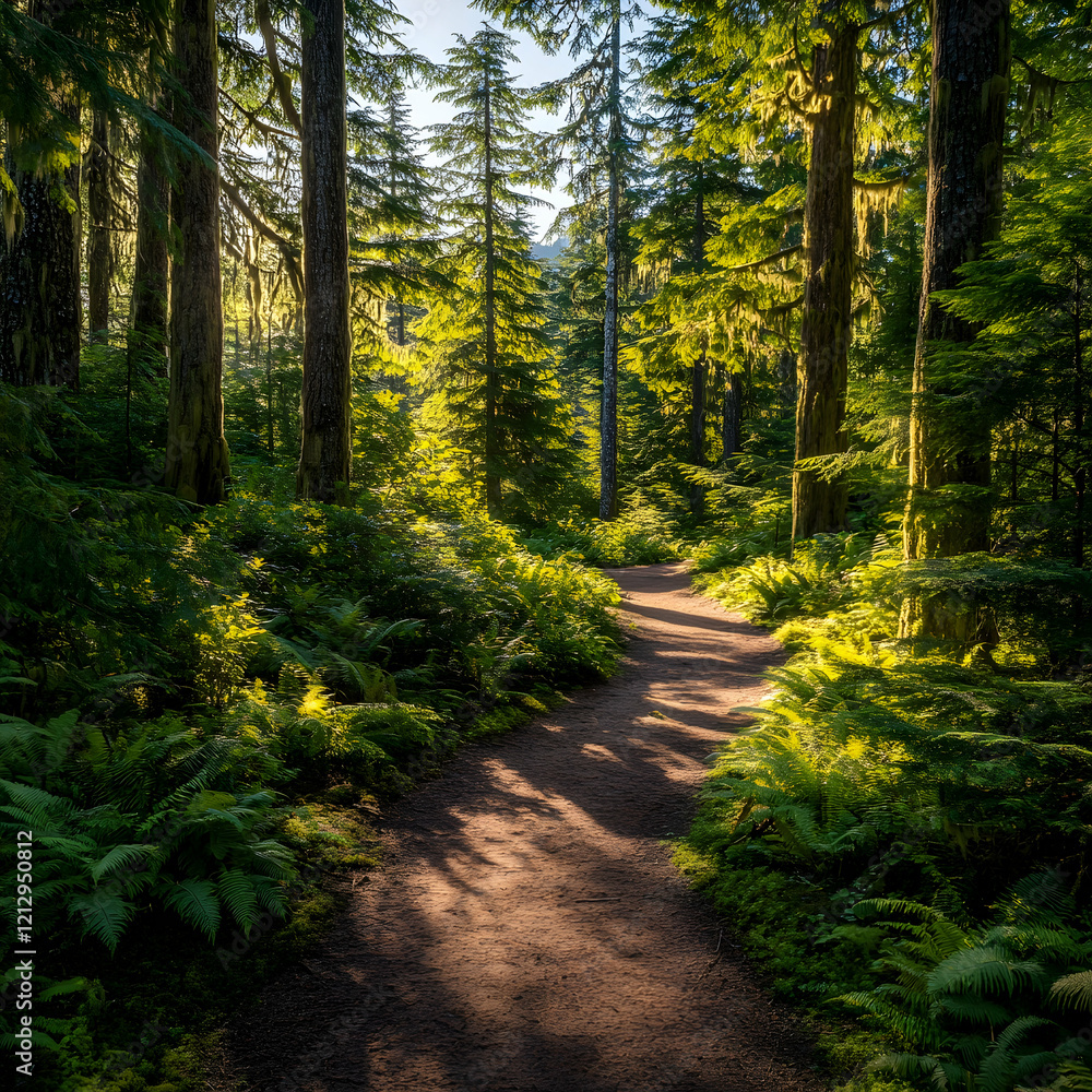 Obraz premium A lush forest path winding through tall green trees with sunlight streaming through the canopy and casting long shadows on the ground ultra HD