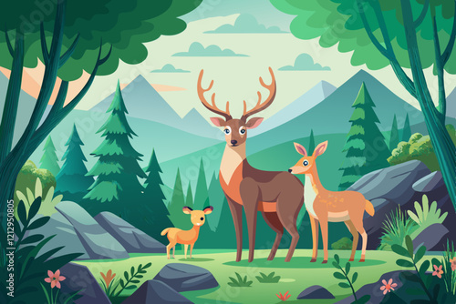 Majestic deer standing on a hill surrounded by a dense forest