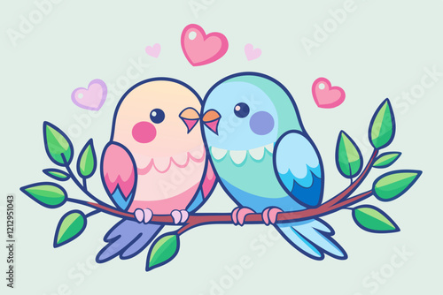 A charming watercolor sticker featuring two pastel-colored lovebirds sitting closely on a branch. Their feathers are softly detailed in pink and blue hues, with small hearts floating around them. The 