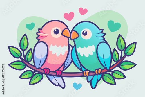 A charming watercolor sticker featuring two pastel-colored lovebirds sitting closely on a branch. Their feathers are softly detailed in pink and blue hues, with small hearts floating around them. The 