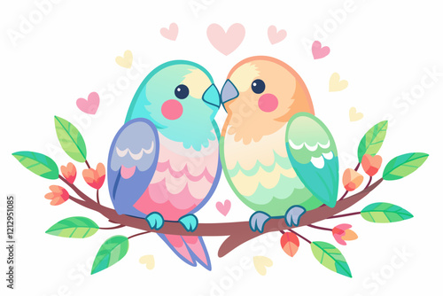 A charming watercolor sticker featuring two pastel-colored lovebirds sitting closely on a branch. Their feathers are softly detailed in pink and blue hues, with small hearts floating around them. The 