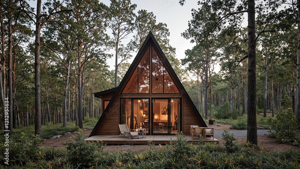 Cozy A frame cabin nestled in forest showcasing wooden exterior and large windows Cozy A frame cabin nestled in forest showcasing wooden exterior and large windows