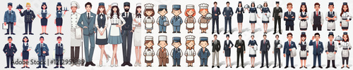 vector set of hotel waiter parts in work uniforms