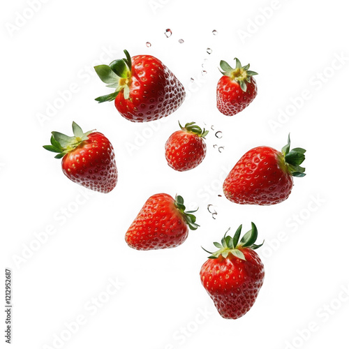 Falling strawberries isolated on transparent or white background, png