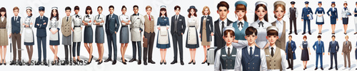 vector set of hotel waiter parts in work uniforms