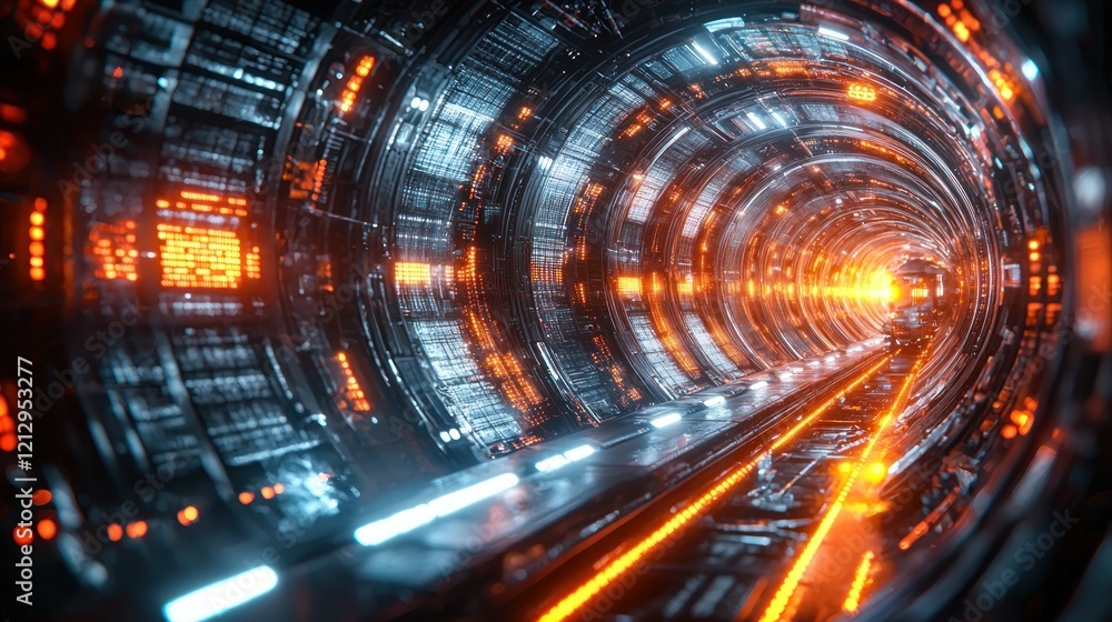 Fototapeta premium Futuristic tunnel with glowing lights and data streams.