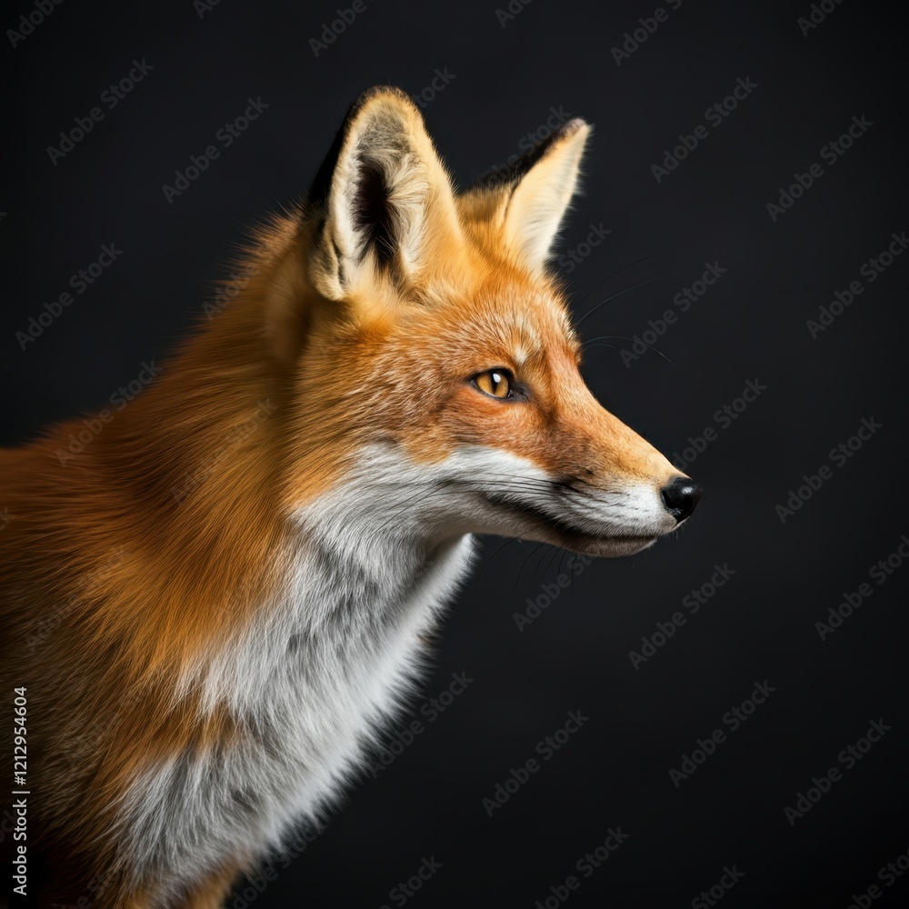Fototapeta premium Portrait of a red fox, side profile, sharp focus, detailed fur texture, alert expression, pointed ears, vibrant orange and white coloration, natural lighting, blurred background, wildlife photography,
