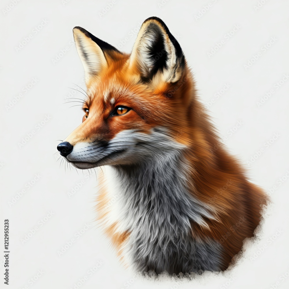 Obraz premium Portrait of a red fox, side profile, sharp focus, detailed fur texture, alert expression, pointed ears, vibrant orange and white coloration, natural lighting, blurred background, wildlife photography,