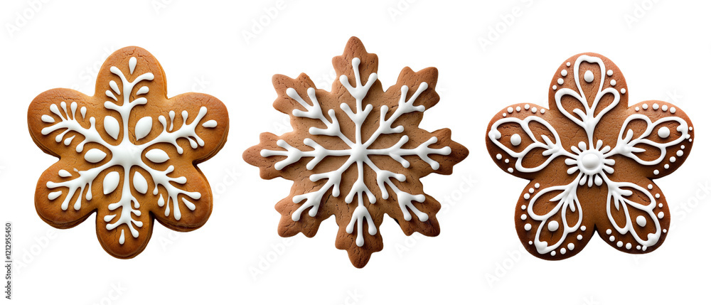 Three Exquisite Gingerbread Cookies Decorated With Icing In Snow, isolated from background, png Three Exquisite Gingerbread Cookies Decorated With Icing In Snow, isolated from background, png