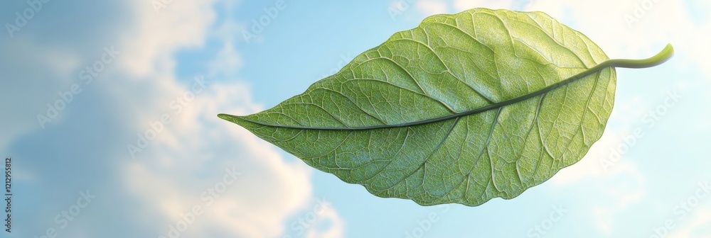 Obraz premium Photorealistic 3D Green Leaf with Detailed Veins Against Sky Background