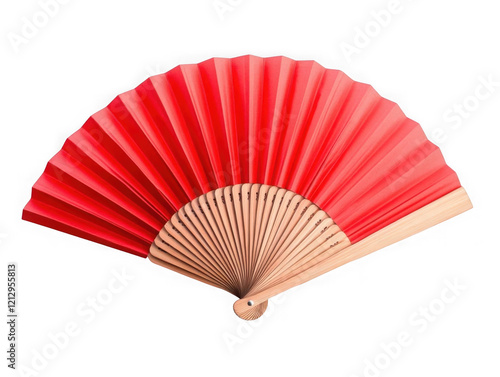 Red oriental paper fan shown in an open display with intricate folds and elegant craftsmanship  commonly used in traditional cultural performances and decor. Isolated on transparent background  png.