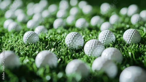 The image features a group of round mini white golf ball scattered on a patch of green grass. A mini golf balls isolated on artificial green grass. Mini-golf ball on green grass. Summer season game. photo