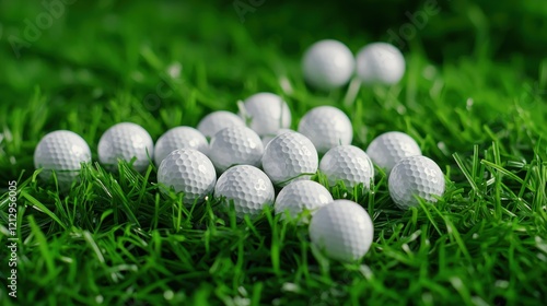 The image features a group of round mini white golf ball scattered on a patch of green grass. A mini golf balls isolated on artificial green grass. Mini-golf ball on green grass. Summer season game. photo