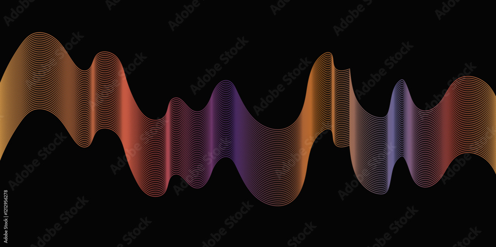 Abstract black background with multicolor wave, 3d render holographic iridescent neon curved wave in motion background, colored spiral on a dark background, gradient design element for banners. Abstract black background with multicolor wave, 3d render holographic iridescent neon curved wave in motion background, colored spiral on a dark background, gradient design element for banners.