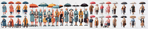 vector set of grandmother characters holding umbrellas