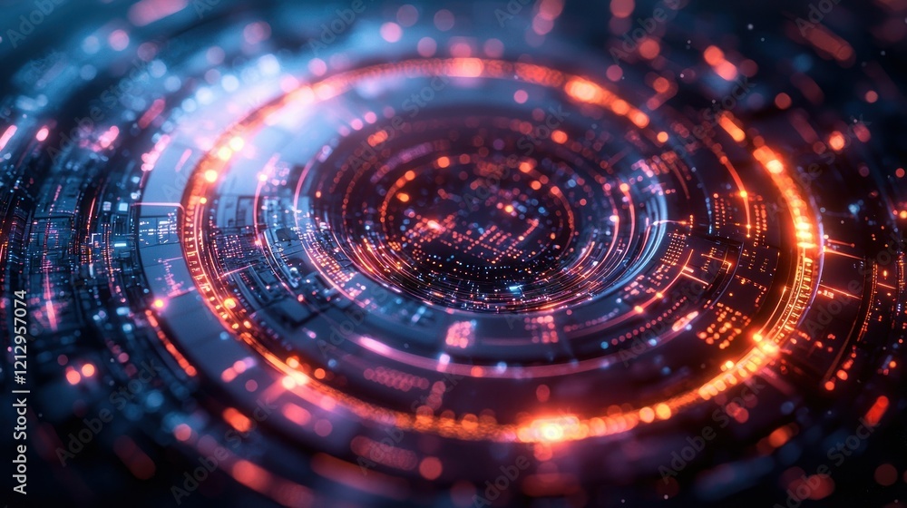 Glowing circular tech interface with data flow on dark background. Glowing circular tech interface with data flow on dark background.