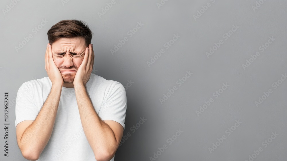 Young man expressing deep emotional distress while holding his face against a gray background Young man expressing deep emotional distress while holding his face against a gray background