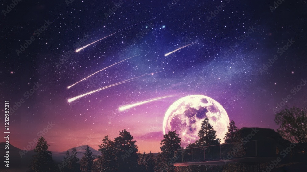Fototapeta premium A breathtaking night sky adorned with shooting stars over a serene landscape, illuminated by a glowing full moon and surrounded by lush trees.