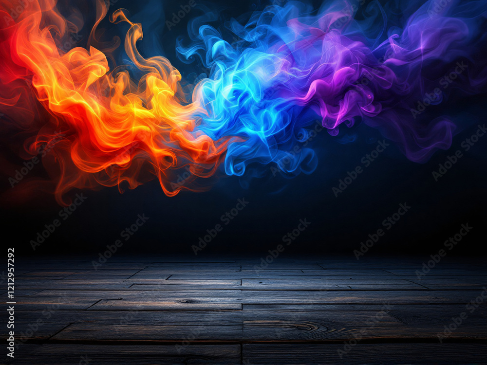 Fototapeta premium Vibrant colorful smoke swirls on dark background, abstract artistic effect.