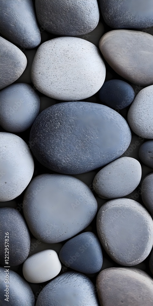 Smooth natural river stones in shades of gray with a polished texture Smooth natural river stones in shades of gray with a polished texture
