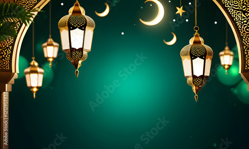 Gold lanterns cast warm light on green Islamic architecture with a crescent moon, ideal for backgrounds, ramadan-themed, travel brochures, and cultural websites.