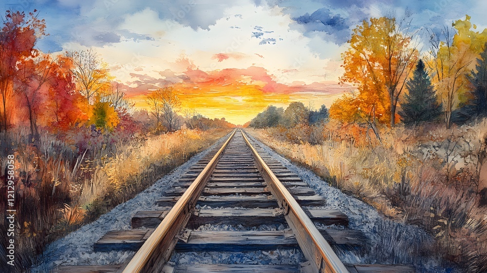 Fototapeta premium A picturesque illustration of railway tracks stretching into the horizon, framed by a charming countryside setting under a partly cloudy sky.
