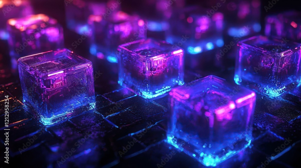 Glowing cubes on grid, neon background, data storage concept. Glowing cubes on grid, neon background, data storage concept.