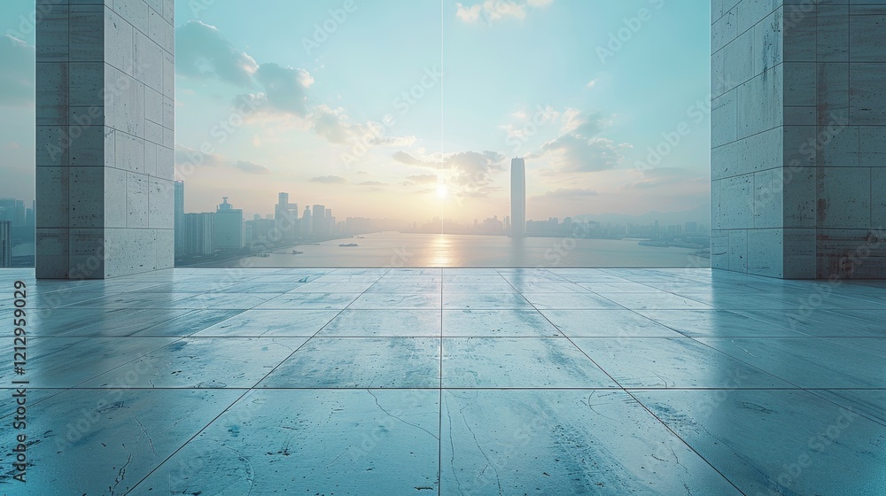 Fototapeta premium Urban Plaza architectural design in daylight from an elevated viewpoint, highlighting a minimalistic style with concrete pavement and blue hues.