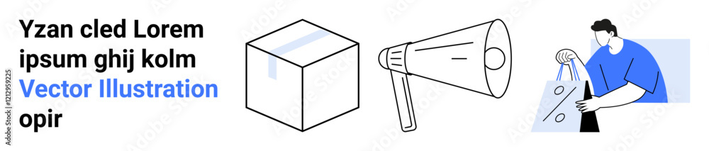 Geometric cube next to a large loudspeaker and man hanging a poster with numeric design. Ideal for advertising concepts, communication themes, graphic design, marketing, design projects. Landing page Geometric cube next to a large loudspeaker and man hanging a poster with numeric design. Ideal for advertising concepts, communication themes, graphic design, marketing, design projects. Landing page