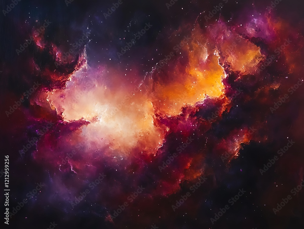 Naklejka premium Stunning Cosmic Nebula with Vibrant Swirling Clouds of Gas and Dust in Deep Space, Showcasing a Colorful Interstellar Phenomenon with Dazzling Stars