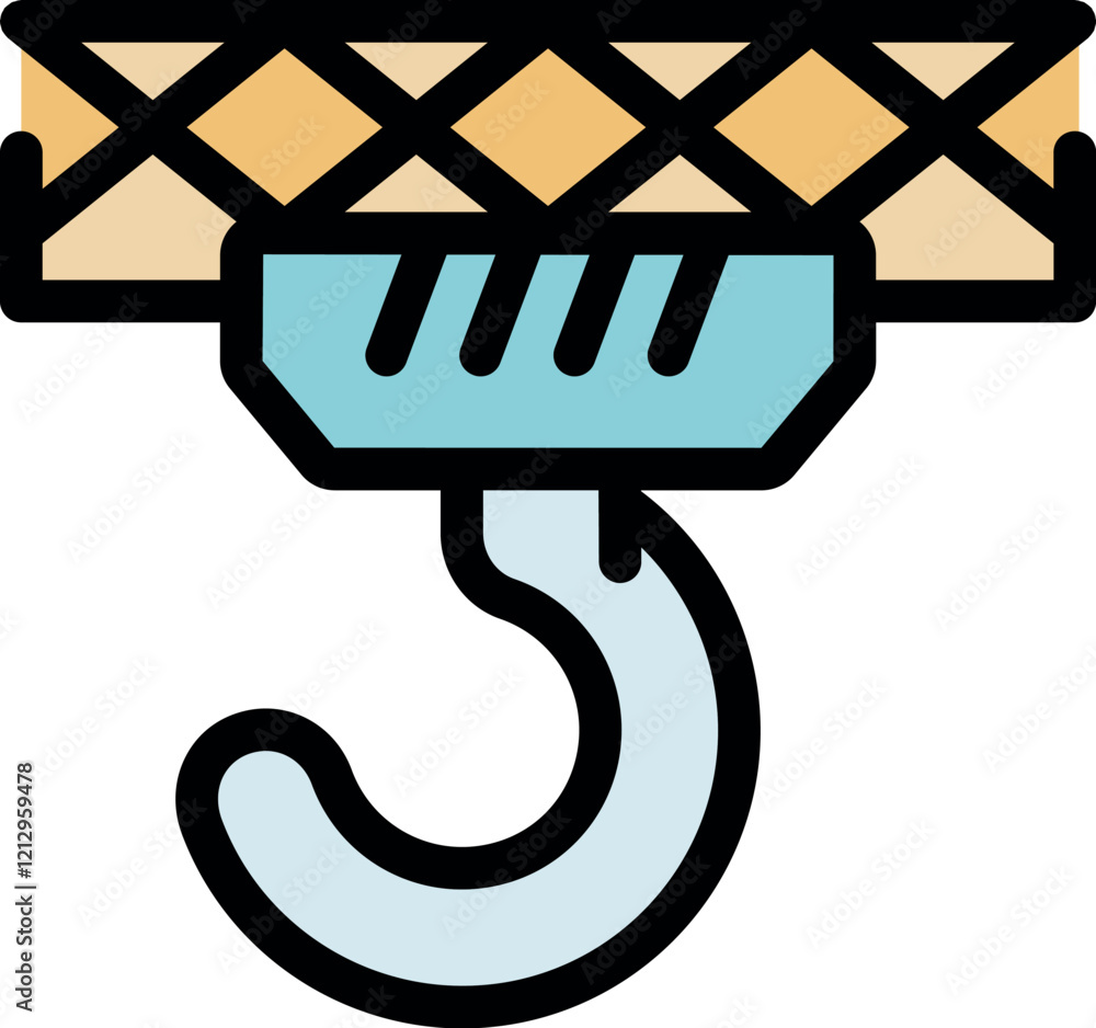 Crane hook lifting wooden cargo box secured with metal straps, representing logistics, transportation, and heavy lifting operations Crane hook lifting wooden cargo box secured with metal straps, representing logistics, transportation, and heavy lifting operations