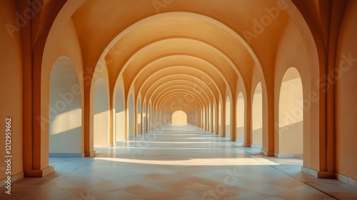 A long arched walkway with warm colored walls