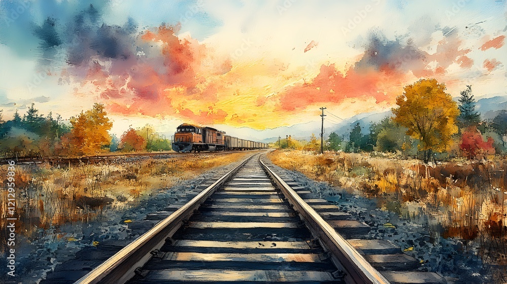 Fototapeta premium A captivating painting of a railway track cutting through a golden autumn landscape, with a train in the distance heading toward a glowing sunset.