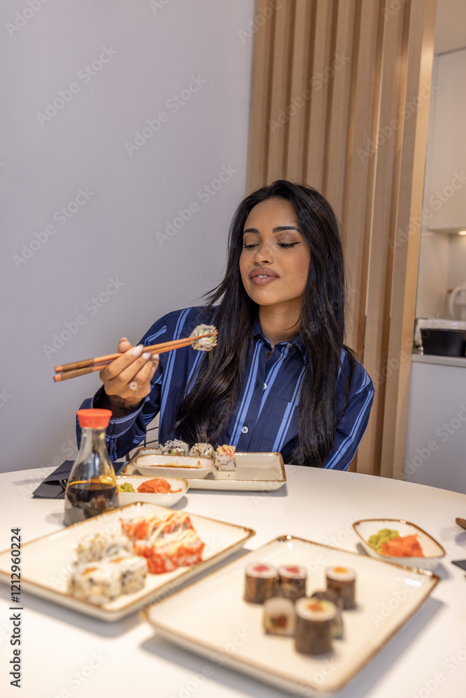 Beautiful Brazilian woman eating sushi Beautiful Brazilian woman eating sushi