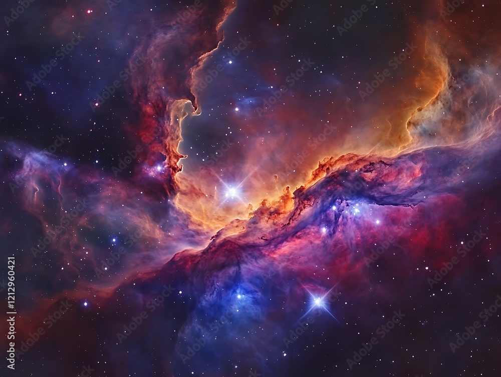 Obraz premium Stunning Cosmic Nebula with Vibrant Swirling Clouds of Gas and Dust in Deep Space, Showcasing a Colorful Interstellar Phenomenon with Dazzling Stars