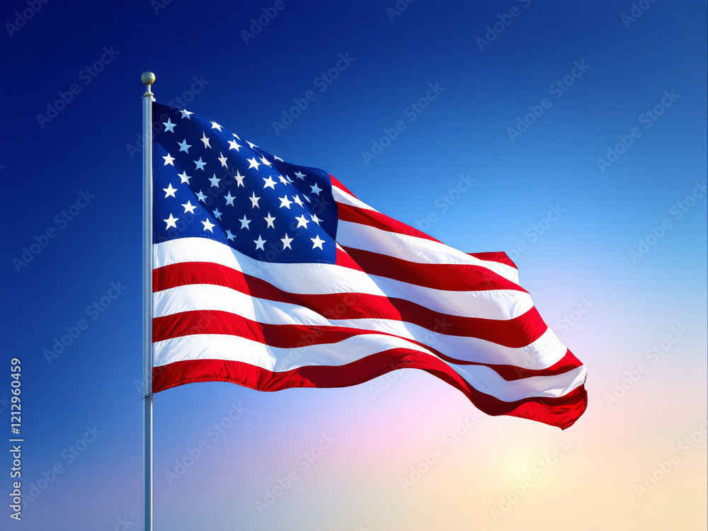 Obraz premium American flag waving against a scenic sky, symbolizing patriotism and national pride.