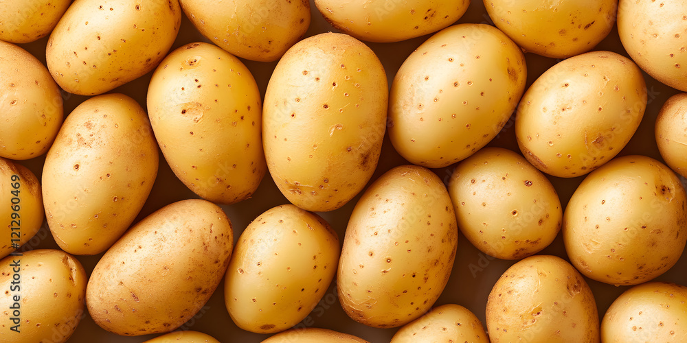 Close-up view of many freshly harvested potatoes, showcasing their creamy yellow skin and subtly speckled texture. Close-up view of many freshly harvested potatoes, showcasing their creamy yellow skin and subtly speckled texture.