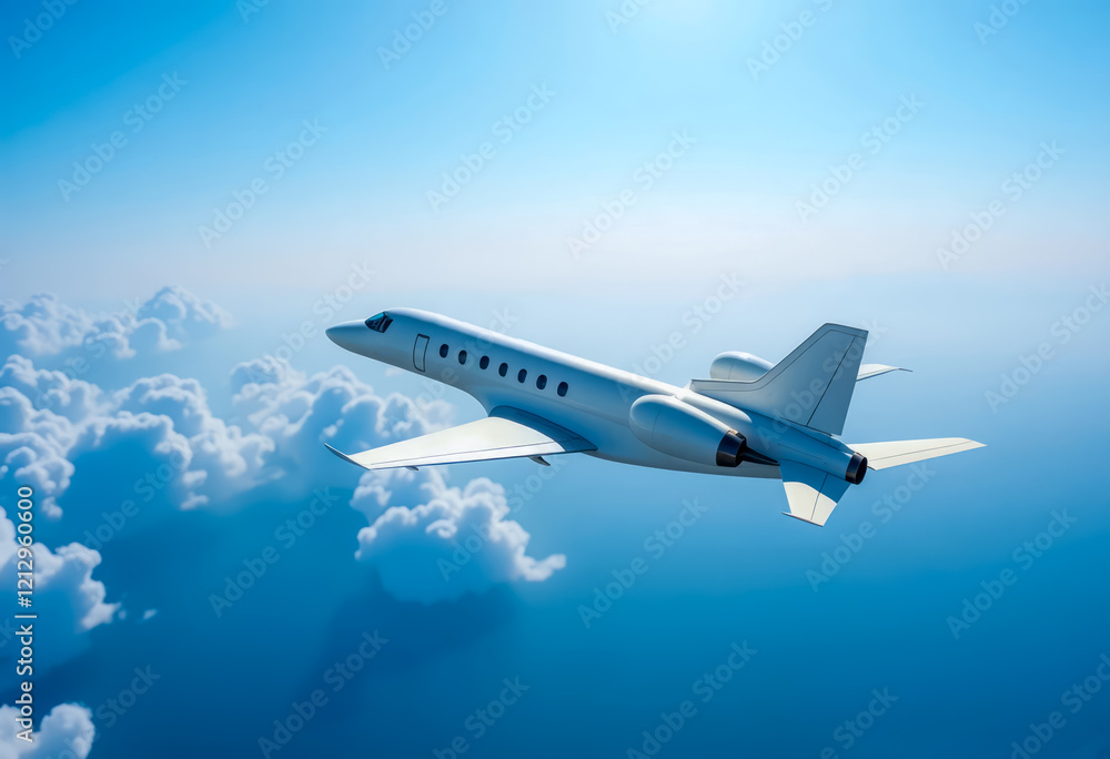Obraz premium An airplane in the air, A luxurious white airplane gracefully soars in a clear sunny sky against a breathtaking aerial landscape, 