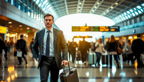 Wallpaper Mural A man dressed in an austere suit and carrying an elegant suitcase strides confidently through the busy airport terminal, Torontodigital.ca