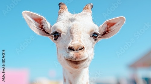 Cute baby giraffe portrait, sunny day, zoo background, wildlife stock photo photo