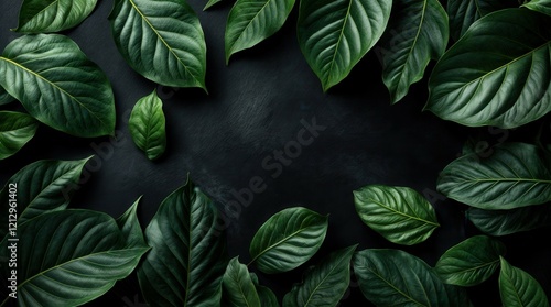 green tropical leaves on a sleek black background, showcasing rich textures and vibrant foliage in a minimalistic yet striking natural composition