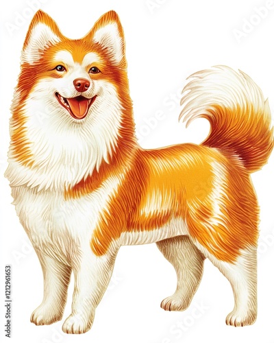 Finnish Lapphund standing, tongue hanging out, expressing joyful energy and playful demeanor against clean white backdrop photo