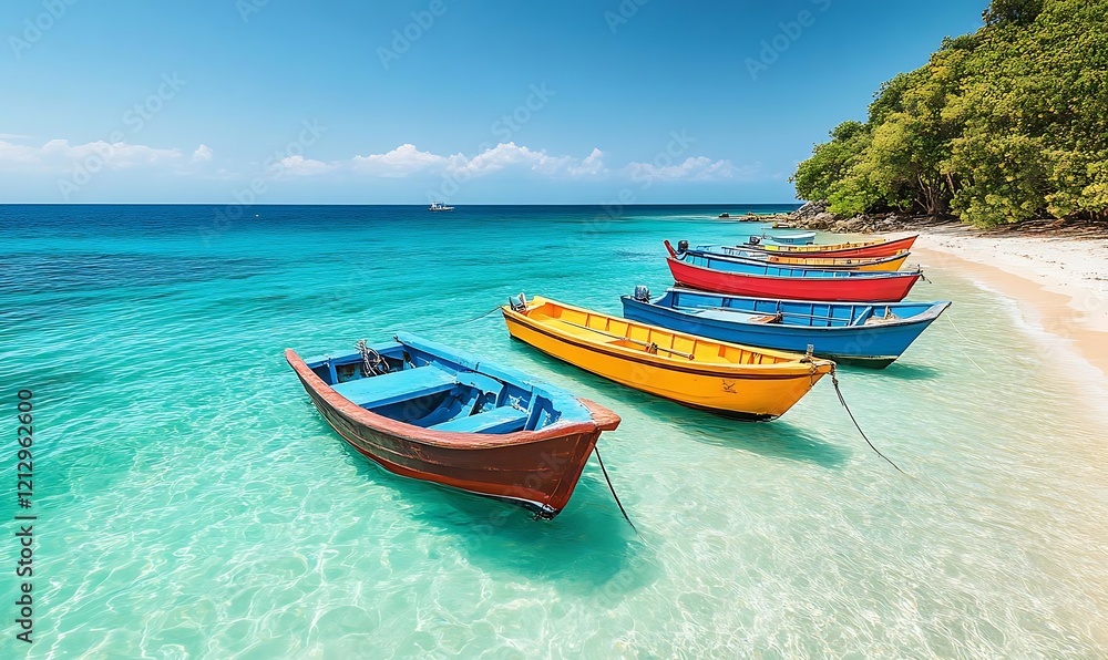 Colorful boats on a pristine beach, clear turquoise water under sunny skies. Colorful boats on a pristine beach, clear turquoise water under sunny skies.