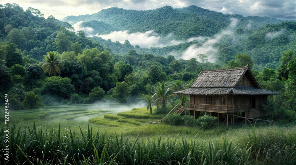 Traditional Thai house on stilts surrounded by verdant rice paddies and tropical trees, set against misty mountains, showcasing rural charm and cultural heritage Traditional Thai house on stilts surrounded by verdant rice paddies and tropical trees, set against misty mountains, showcasing rural charm and cultural heritage