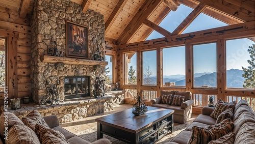 Rustic mountain lodge with stone fireplace  valley views photo